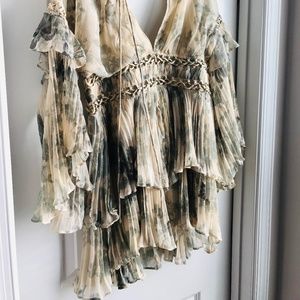 Asos Pleated floral mini dress with satin ring lace up detail